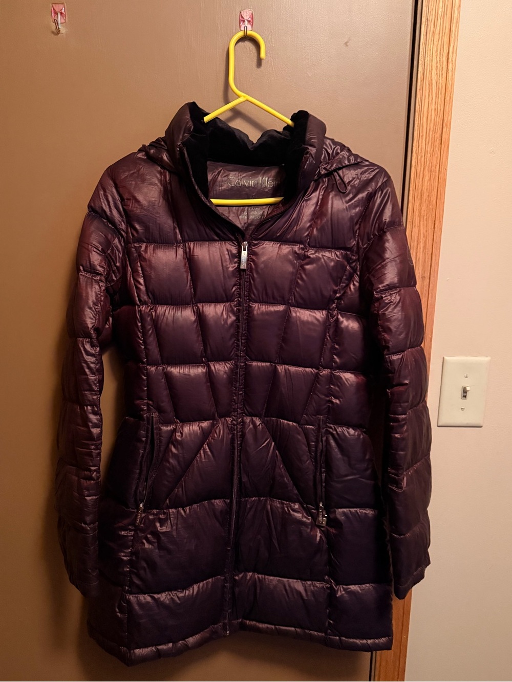 Calvin Klein Quilted Long Hooded Puffer Coat - Plum